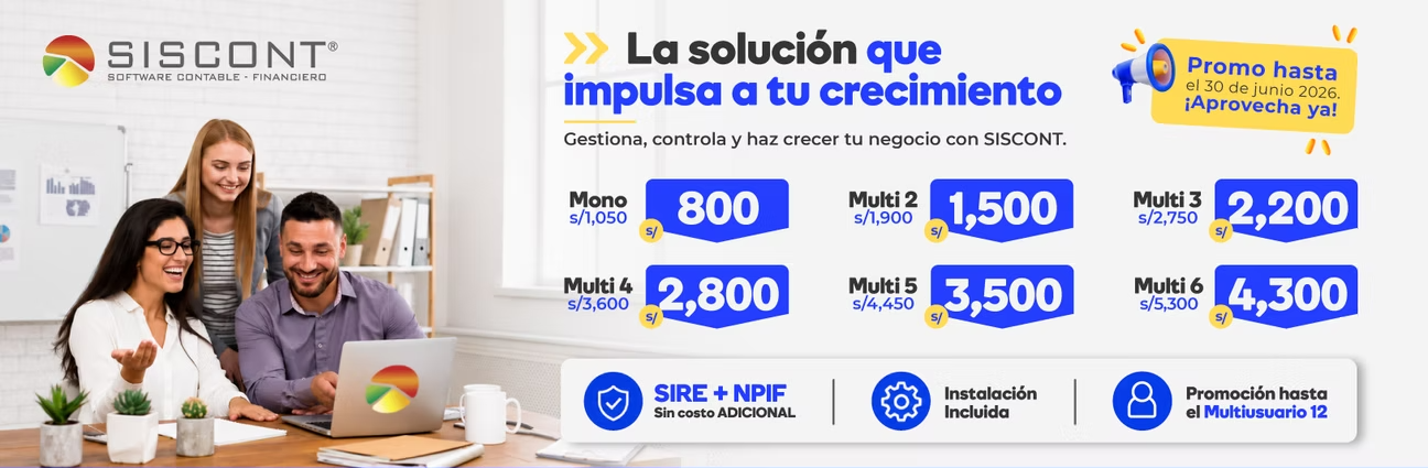 Banner promocional de SISCONT con los precios vigentes del mes y los planes de licencia.